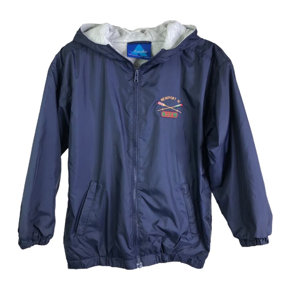 Acadia Windbreaker Jacket Boys Size M Navy Blue Zip-Up "Newport RI" Embroidered